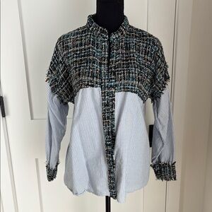 Chic Tweed and Striped Button-Up Shirt